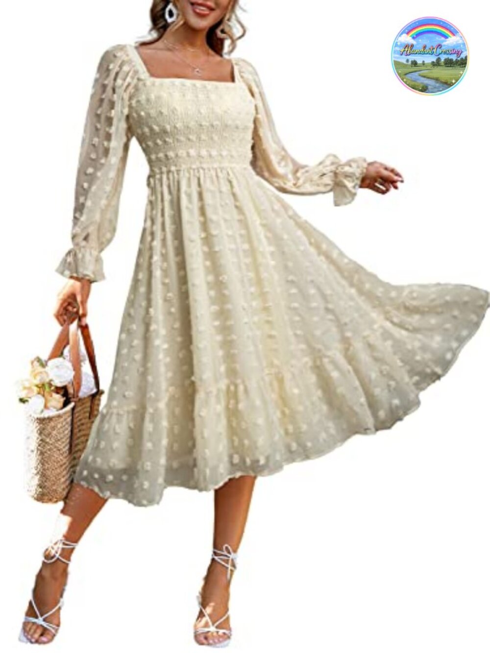 Boho Flowy Long Sleeve Square Neck Floral Midi Dress Smocked A-Line